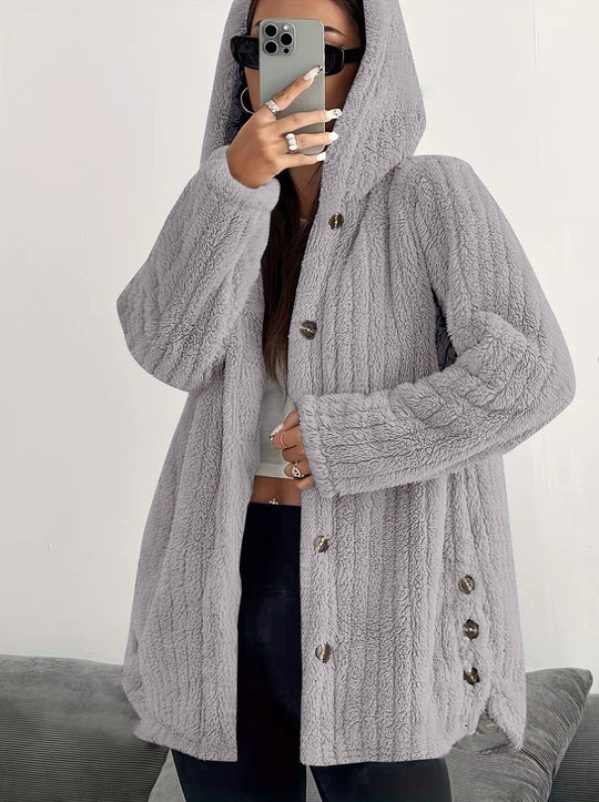 Damen Kuschelige Kapuzenjacke mit Knopfdetails EB