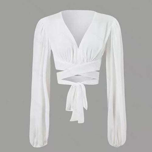 Damen Wickelbluse mit langem Arm und elegantem V-Ausschnitt EB