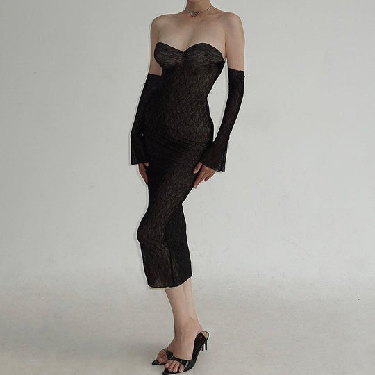 Damen Spitzen-Maxi-Kleid mit herzförmigem Ausschnitt und langen Ärmeln EB
