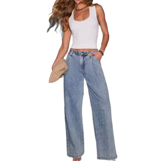 Damen Weite High-Waist Jeans im lässigen Vintage-Stil mit fransigem Saum EB