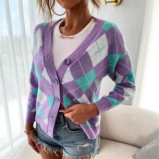 Damen Karierte Strickjacke mit Knöpfen und V-Ausschnitt EB