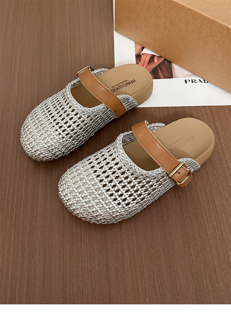 Damen Clogs mit geflochtenem Obermaterial und verstellbarem Riemen EB