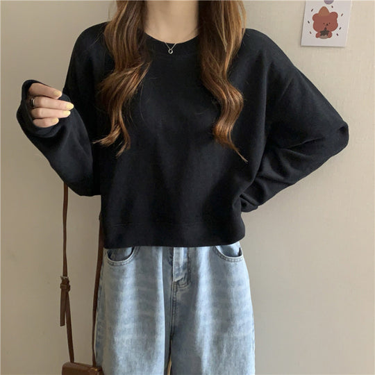 Damen lässiger cropped Pullover aus weichem Baumwollmix mit modischem Rundhalsausschnitt EB