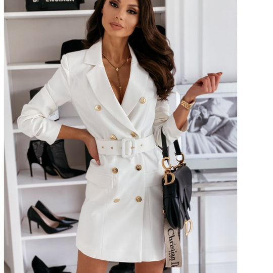 Damen doppelt knopf-beschichtetes Gürtel Mini Blazer Kleid EB