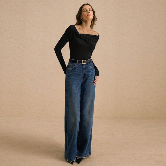 Damen asymmetrisches Off-Shoulder-Drapiertes Langarmshirt mit Knoten-Detail Eichborn Berlin