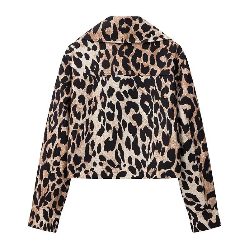 Damen Cropped Jacke im Leopardenmuster mit Druckknöpfen EB