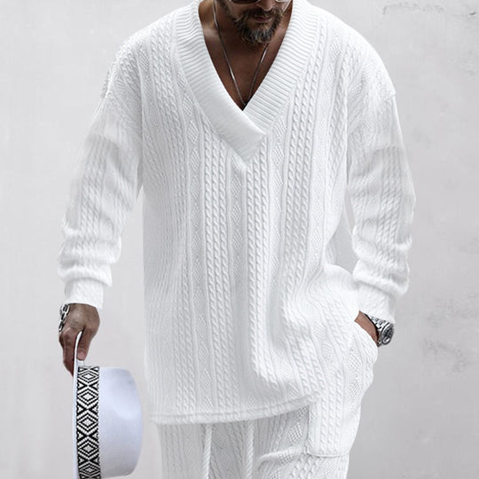 Herren nan oversized Kabelstrick V-Ausschnitt Pullover mit Relaxhose Set EB