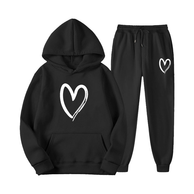 Damen Sweatsuit mit Kängurutasche und herzförmigem Print EB