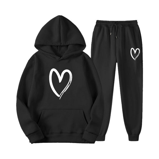 Damen Sweatsuit mit Kängurutasche und herzförmigem Print EB