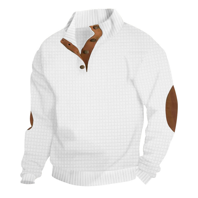 Herren Strukturiertes Waffelstrick-Henleypullover mit Lederbesatz & Ellbogenpatches EB