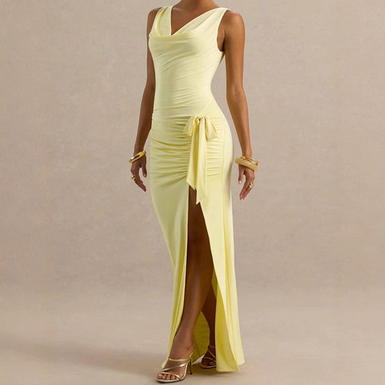 Damen Elegantes Abendkleid mit tiefem V-Ausschnitt und seitlichen Rüschendetails EB