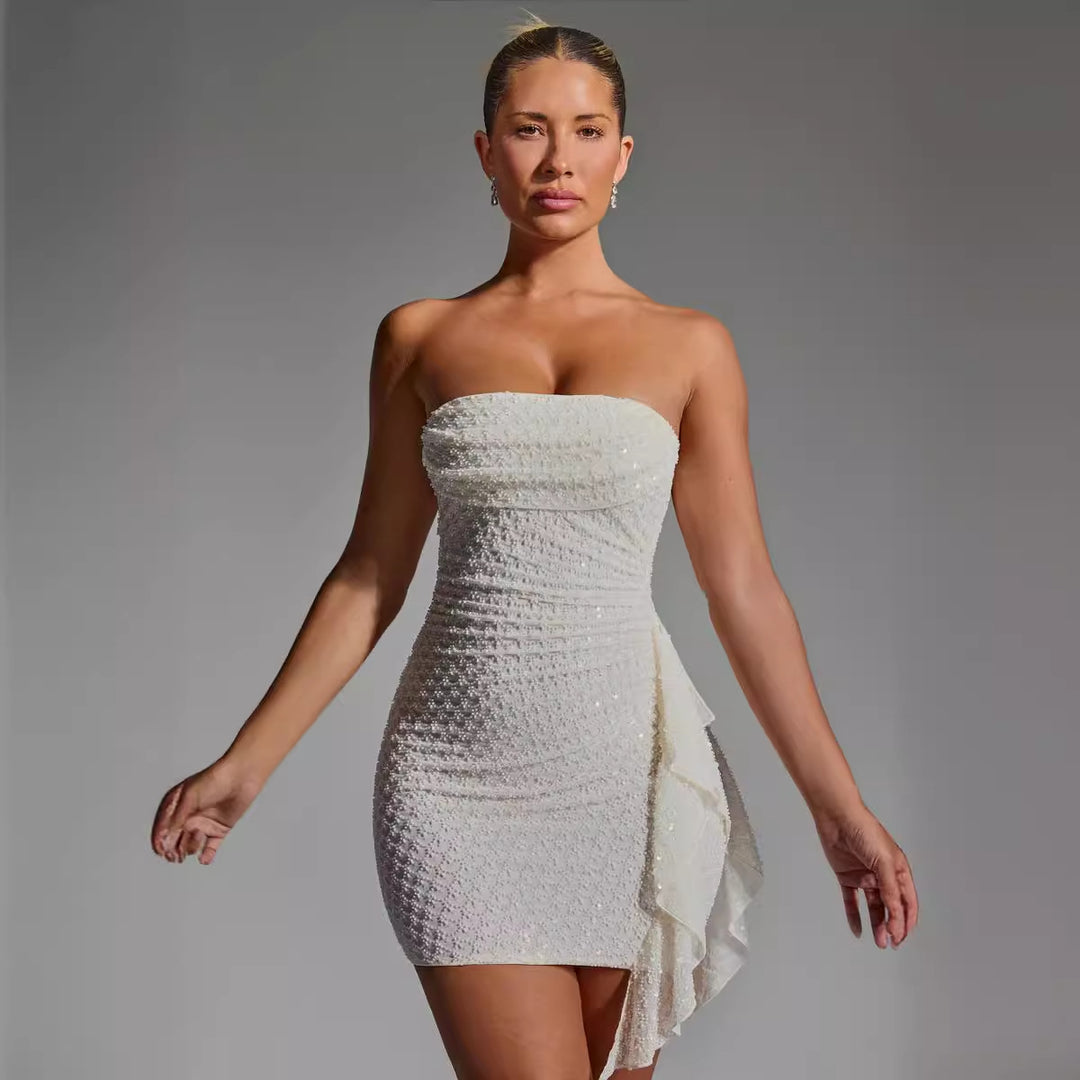 Damen Mini-Kleid mit raffinierten Rüschendetails und elastischer Struktur EB