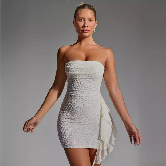 Damen Mini-Kleid mit raffinierten Rüschendetails und elastischer Struktur EB