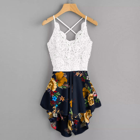Damen elegantes Blumenkleid mit Spaghettiträgern und Rüschendetails EB