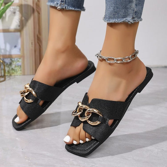 Damen Modische Riemensandalen mit metallischem Kettenband EB