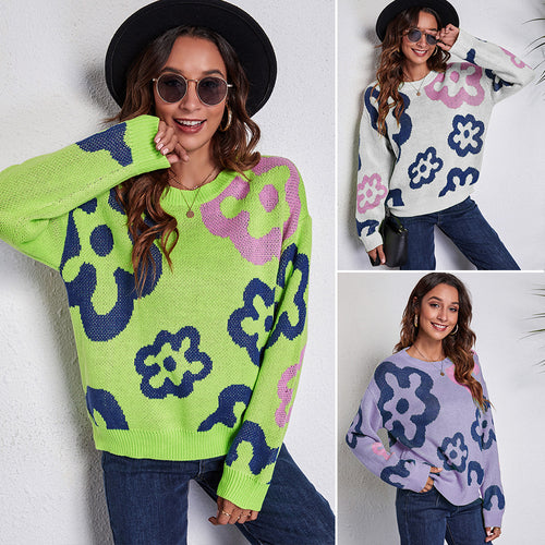 Damen Großer Strickpullover mit verspielt floralem Design EB