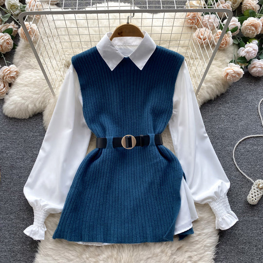 Damen Lagenlook-Bluse mit Rippstrick-Überwurf und Taillengürtel EB