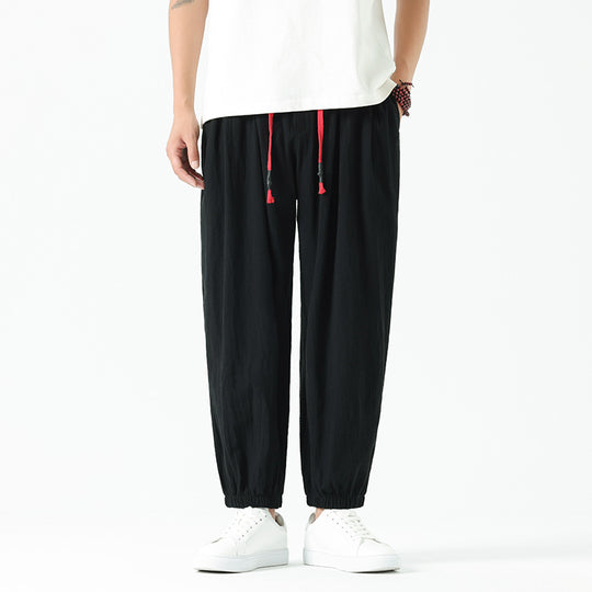 Herren nan locker geschnittene Leinen-Baumwoll Hose mit Kordelzug und elastischen Bündchen EB