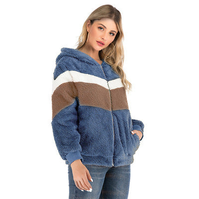 Damen Fleecejacke mit kontrastierenden Streifen und Kapuze EB
