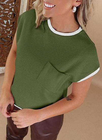 Damen stylisches Kurzarmshirt mit Brusttasche und kontrastierenden Details EB