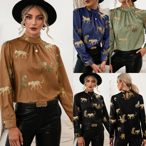 Damen Bluse mit glamourösem Tierdruck und eleganter Stehkragenform EB