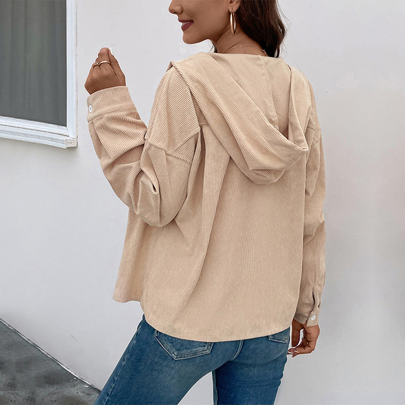 Damen Cordjacke mit Kapuze und Knopfverschluss EB