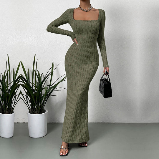 Damen geripptes Sculpting-Maxikleid mit Quadratausschnitt und taillierter Meerjungfrauen‑Silhouette Eichborn Berlin