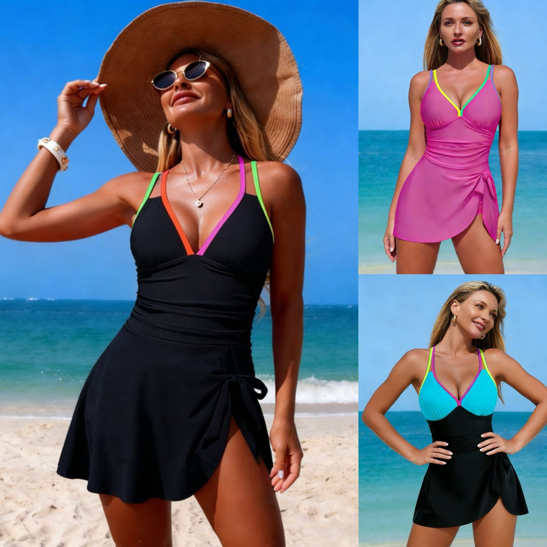 Damen Tankini mit modischem Wickelrock und bunten Akzenten EB