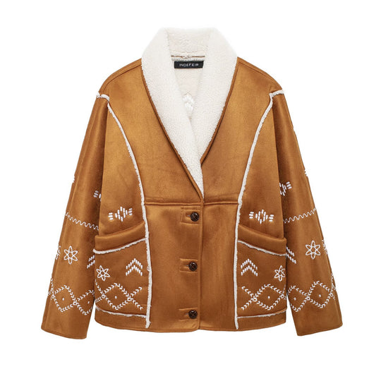 Damen modische Jacke mit gestickt und eleganter Teddykragen EB