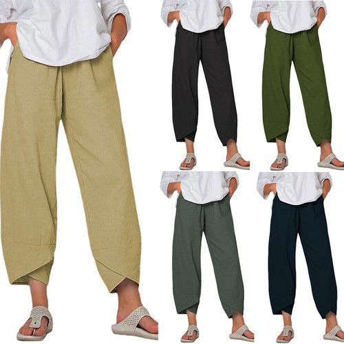 Damen nan lockere Leinenhose mit hohem Bund, Tulpen-Saum und seitlichen Eingrifftaschen EB