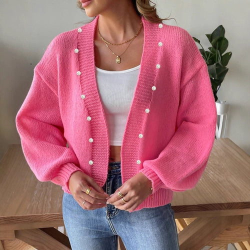 Damen Strickjacke mit geschmackvollen Perlenakzenten und weitem Schnitt EB