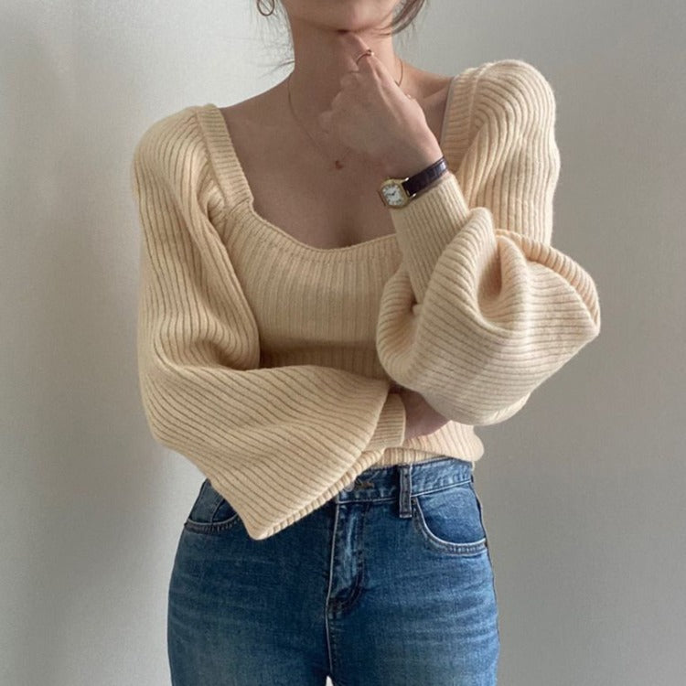 Damen Ripp-Strickpullover mit Puffärmeln EB