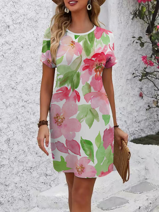 Damen Kurzarmkleid mit floralem Muster und lockerer Passform EB