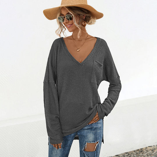 Damen lässiges Langarmshirt mit V-Ausschnitt und praktischer Brusttasche EB