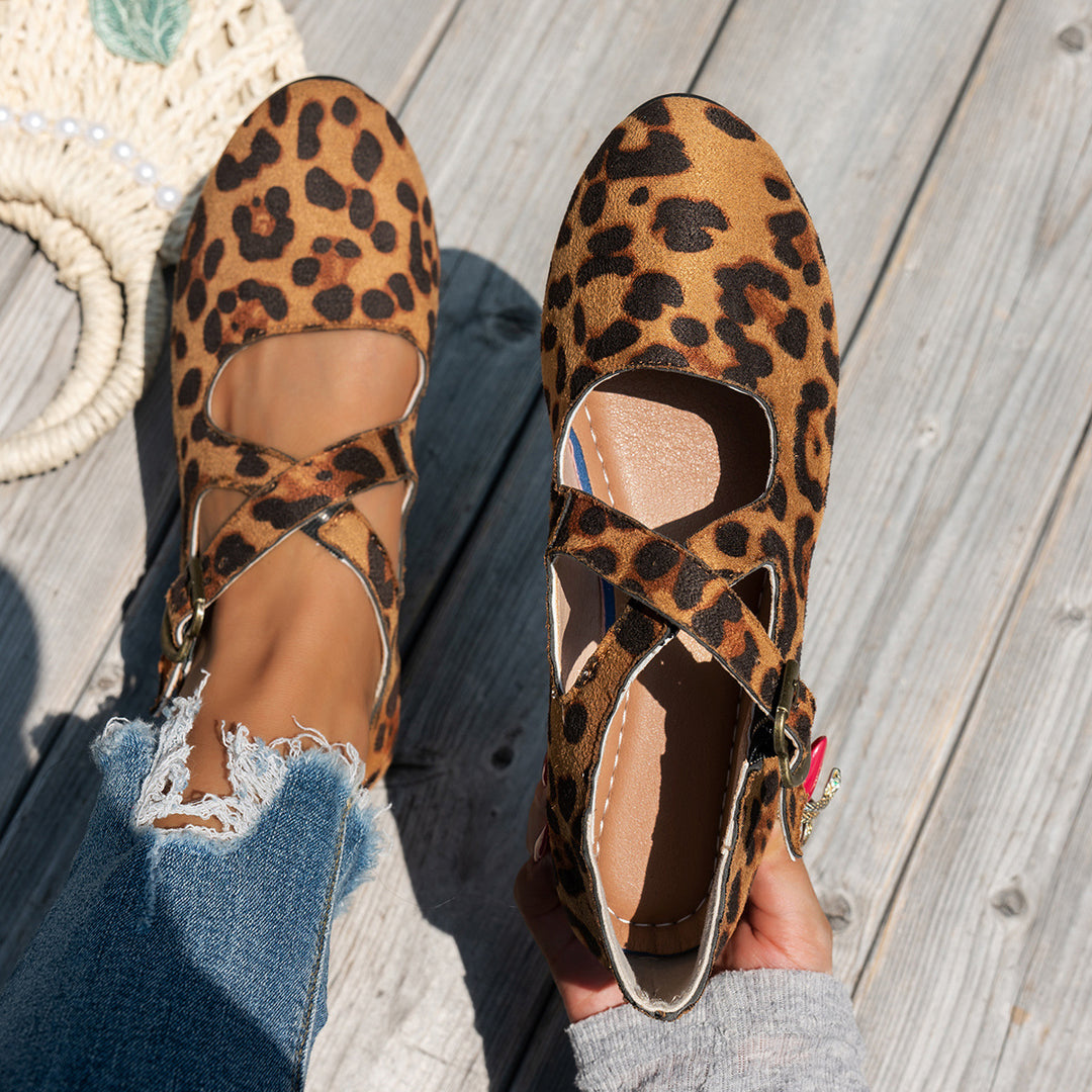 Damen Ballerinas mit Riemchen und Leopardenmuster EB