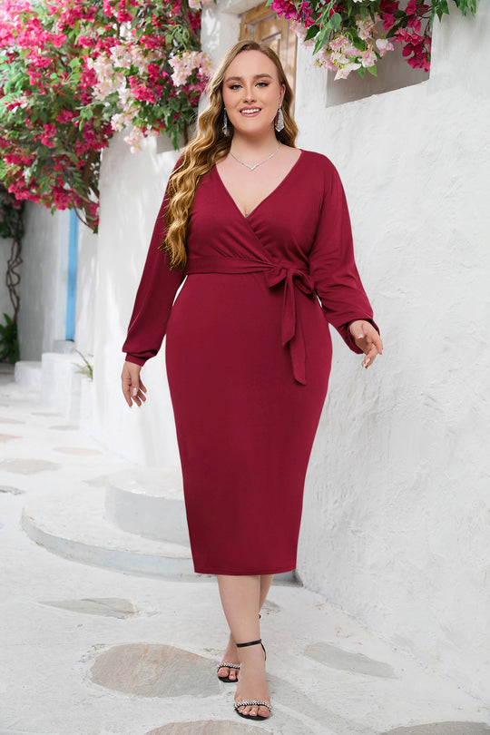 Damen Elegantes Wickelkleid mit taillierter Silhouette und langem Arm EB