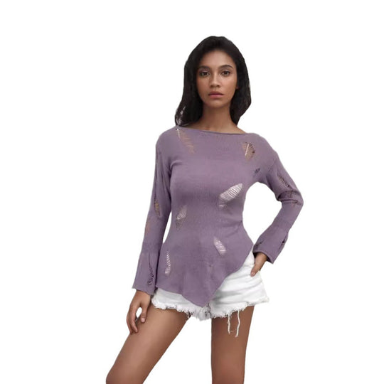 Damen lockerer Strickpullover mit modischen Auschnitten und weitem Schnitt EB