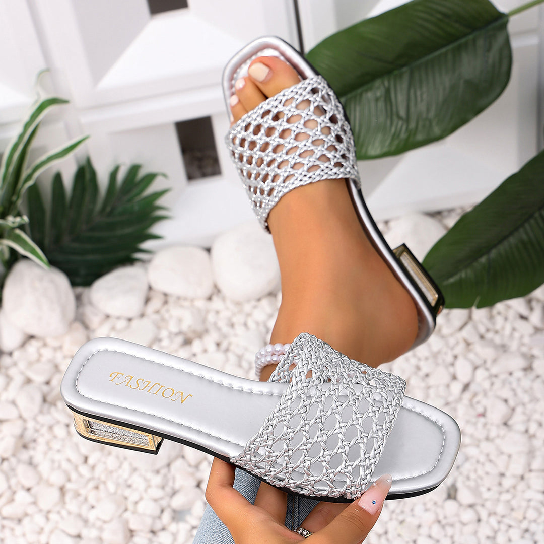 Damen Offene Mules mit filigranem Netzdesign und elegantem Blockabsatz EB