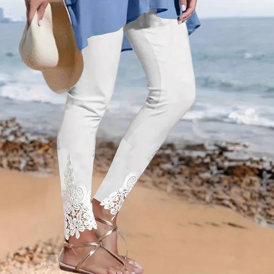 Damen Leggings mit spitzenbesetztem Saum und elastischem Bund EB