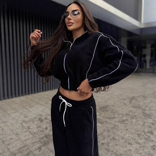 Damen Gekürztes Zip-Fleece-Set mit tailliertem Kordelbund und weitem Hosenbein EB