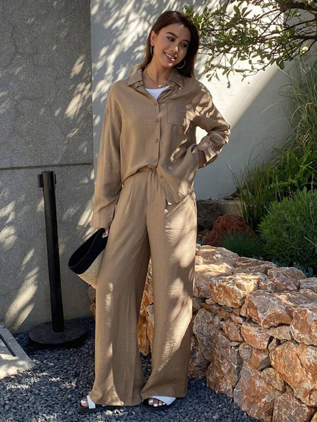Damen nan entspanntes Leinen Lounge Set mit Oversize Hemd und Kordelbund Palazzohose EB