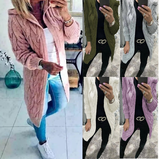 Damen Grobstrick-Cardigan mit Kapuze und Zopfmuster EB