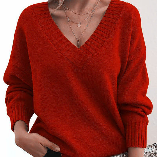 Damen nan Oversized V-Ausschnitt Strickpullover mit gerippten Bündchen EB
