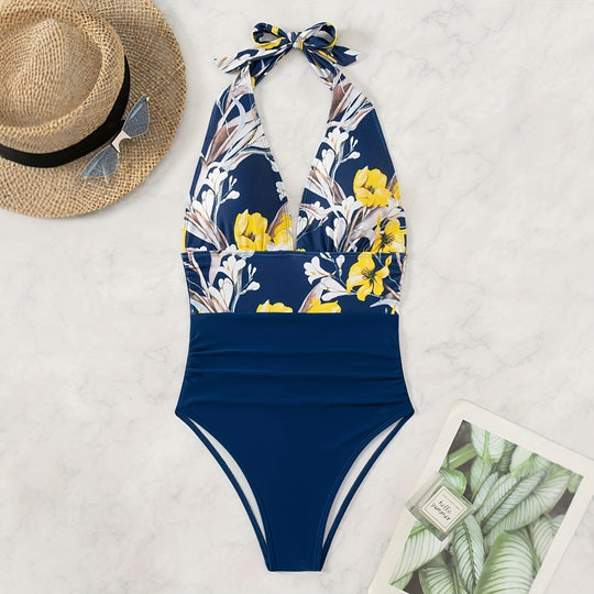 Damen Einteiliger Badeanzug mit floralem Design und Langen Bindebändern EB