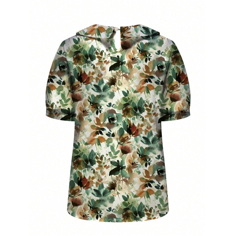 Damen Kurzarmbluse mit floralen Akzenten und klassischem Kragen EB