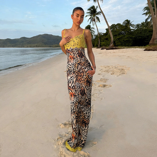 Damen Elegantes Maxikleid mit Spitzenoberteil und animalischem Print EB