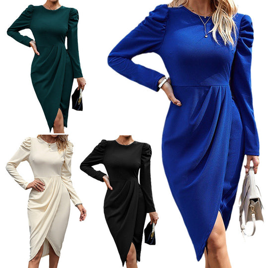 Damen Kleid mit drapiertem Design und Puffärmeln EB