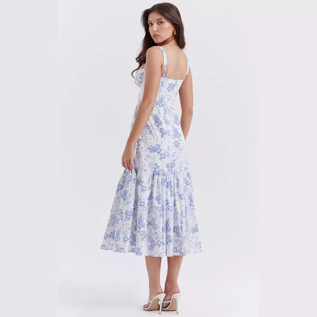 Damen Boho Maxikleid mit romantischem Blumendruck und voluminösem Rock EB