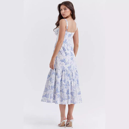 Damen Boho Maxikleid mit romantischem Blumendruck und voluminösem Rock EB