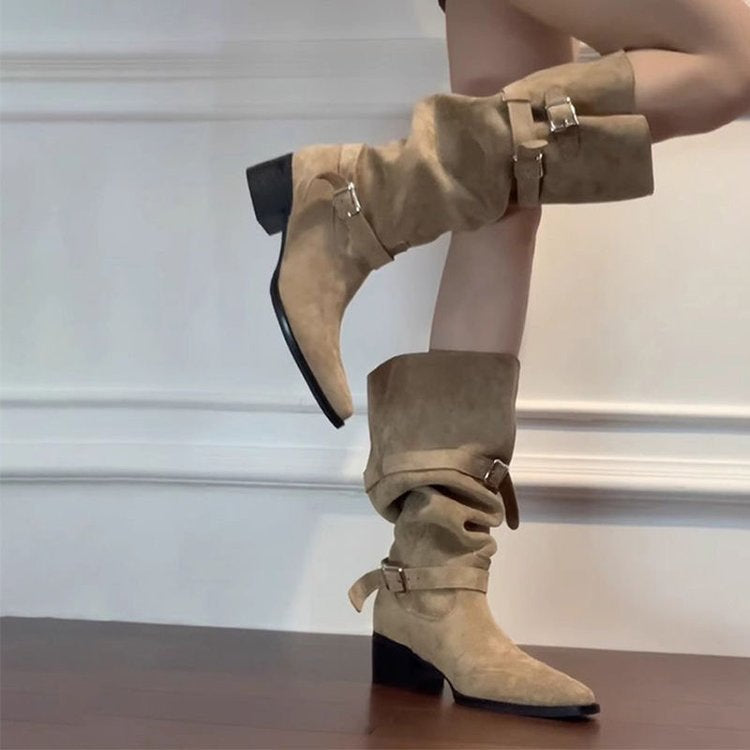 Damen Modische Overknee Stiefel mit verstellbaren Riemen und Blockabsatz EB